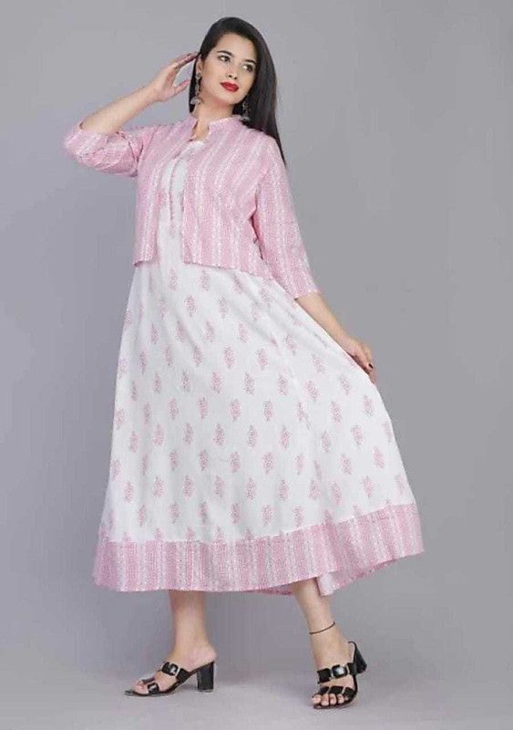 Women Floral Print Viscose Rayon A-line Kurta  (White, Pink)