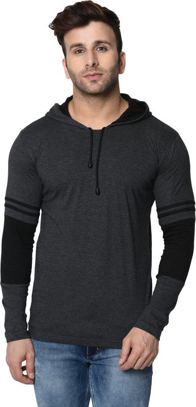 Men Colorblock Hooded Neck Pure Cotton Black, Grey T-Shirt