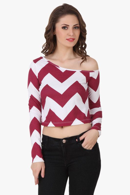 Party Regular Sleeves Chevron/Zig Zag Women White, Maroon Top