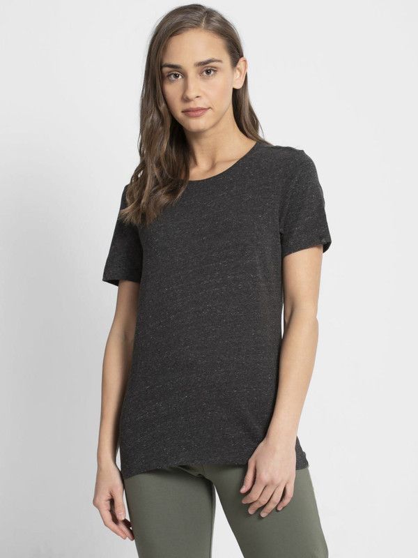 AW15 Women Solid Round Neck Cotton Blend Grey T-Shirt
