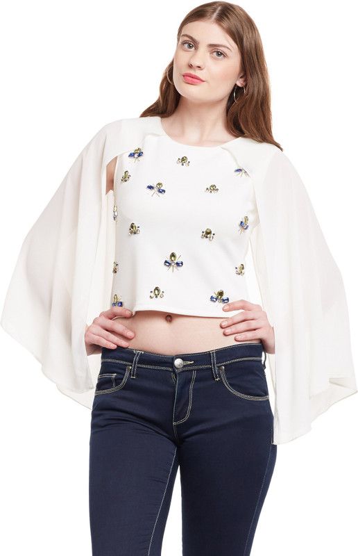 Party Cape Sleeves Embellished Women White Top