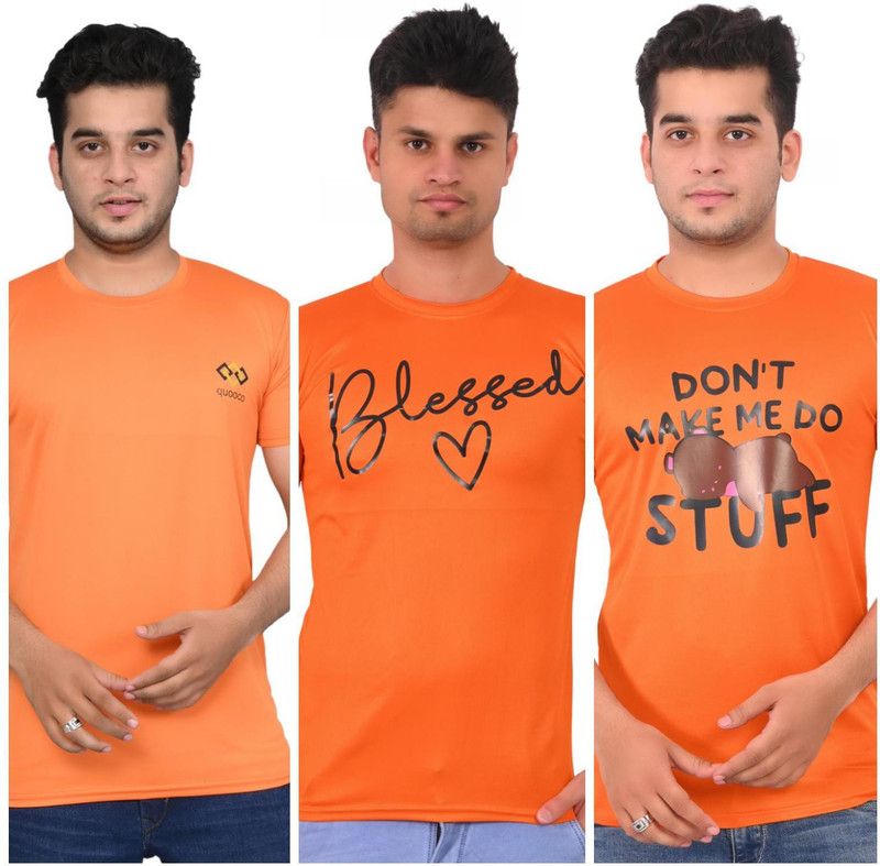 Pack of 3 Men Printed Round Neck Elastane Orange T-Shirt