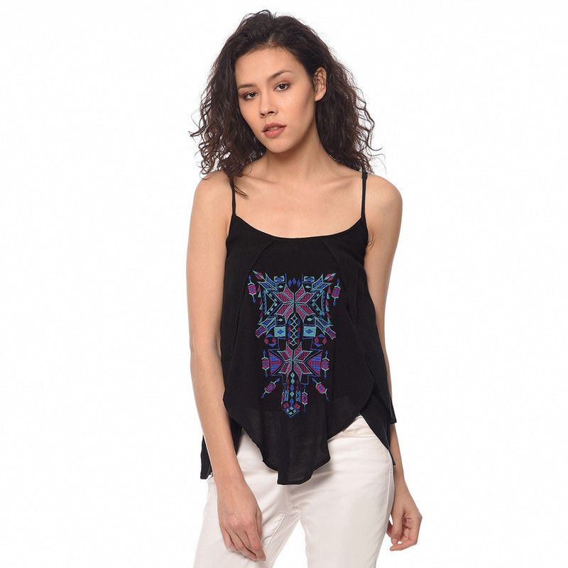 Casual Shoulder Straps Embroidered Women Black Top