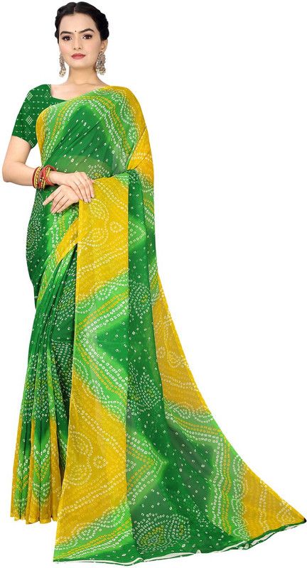 Printed Bandhani Georgette Saree  (Green, Yellow)