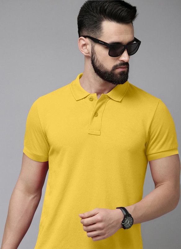 Solid Men Polo Neck Poly Cotton Yellow T-Shirt