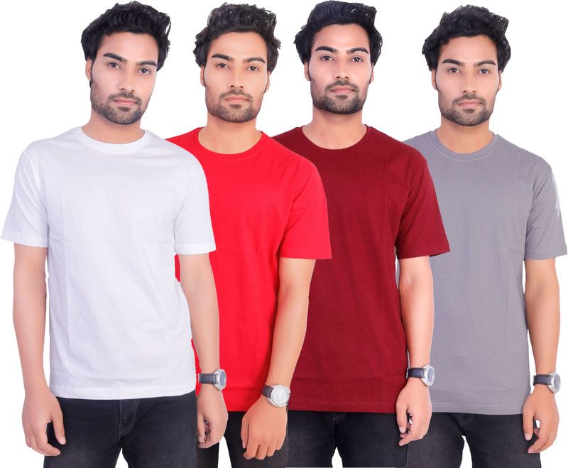 Pack of 4 Men Solid Round Neck Pure Cotton Multicolor T-Shirt