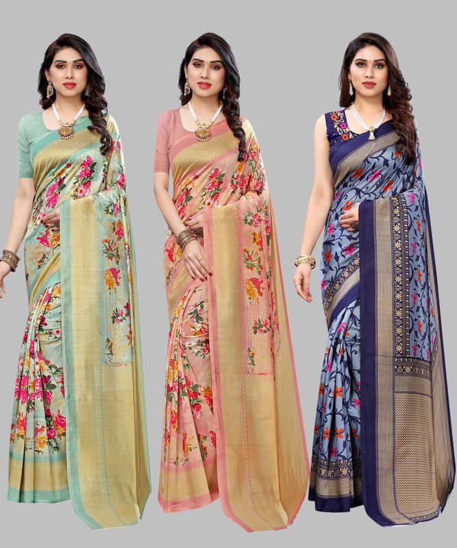 Woven Bollywood Art Silk Saree  (Pack of 3, Light Green)