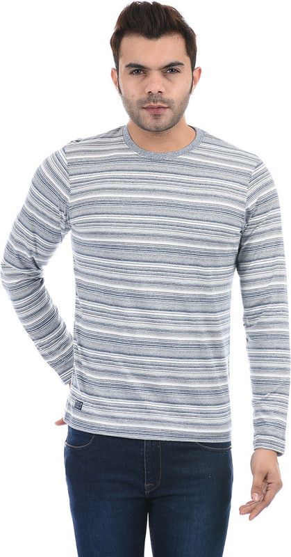 Men Striped Round Neck Pure Cotton White, Grey T-Shirt