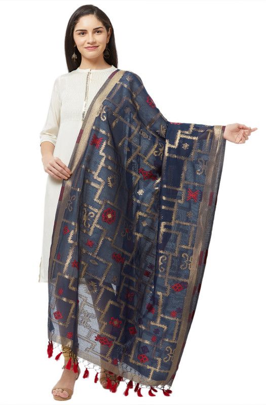 Silk Blend, Art Silk Woven, Self Design Blue Women Dupatta