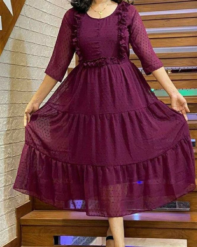 Women Applique Georgette Flared Kurta  (Maroon)