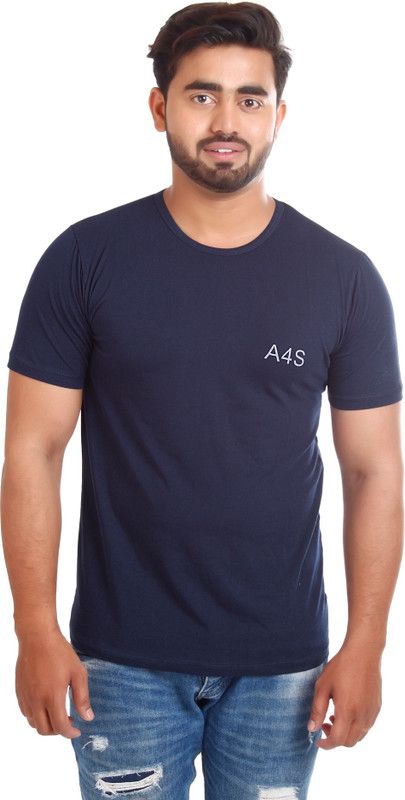 Men's Cotton Lycra Round Collar T-Shirt Men Solid Round Neck Cotton Blend Blue T-Shirt