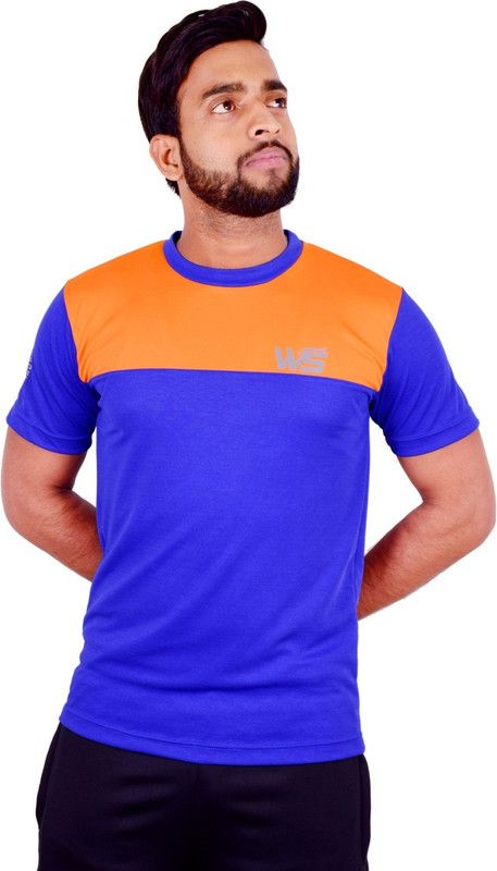Men Colorblock Round Neck Polyester Blue, Orange T-Shirt
