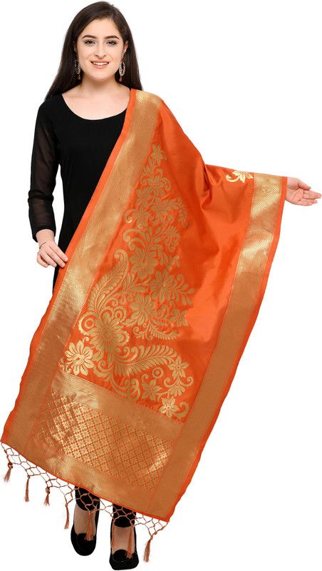 Silk Blend, Pure Silk Woven Orange Women Dupatta