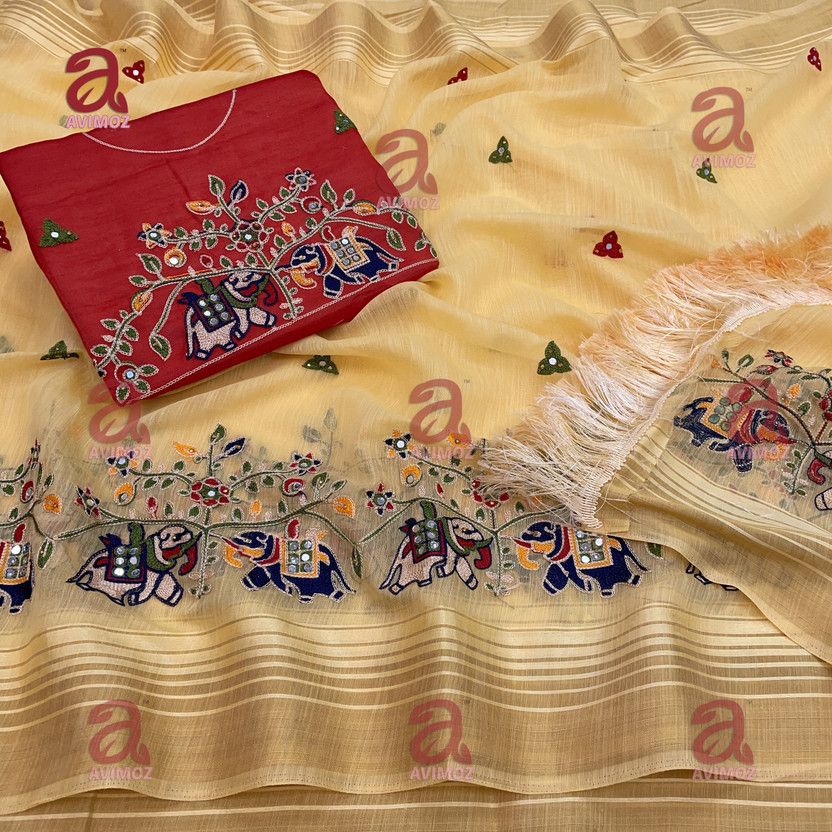 Woven Daily Wear Cotton Blend Saree  (Yellow)