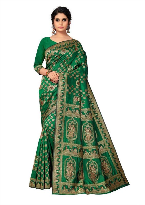 Woven Bandhej Jacquard Saree  (Dark Green)