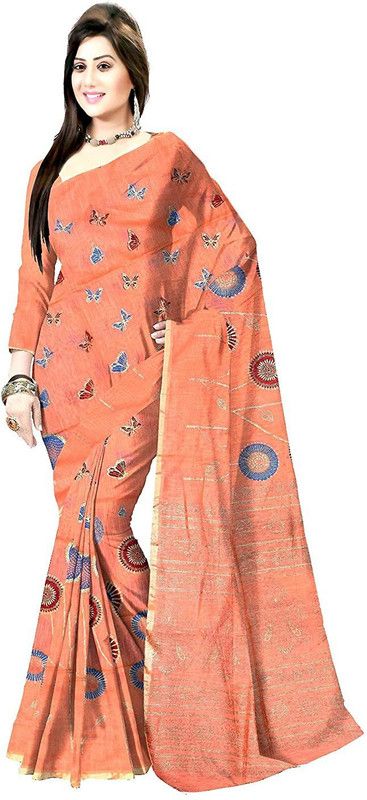 Floral Print Handloom Cotton Blend Saree  (Orange)