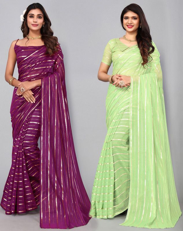 Striped Daily Wear Cotton Blend Saree  (Pack of 2, Green, Light Green)