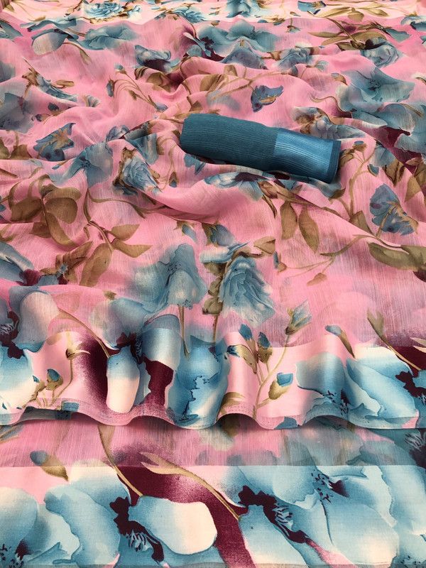 Floral Print Fashion Cotton Linen Saree  (Multicolor)