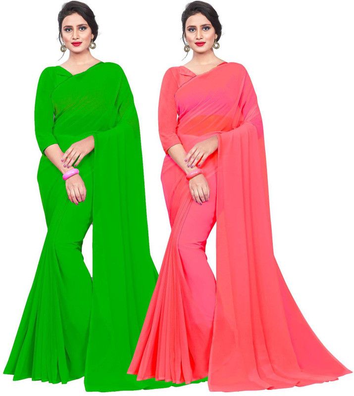 Solid/Plain Bollywood Georgette Saree  (Pack of 2, Green, Pink)