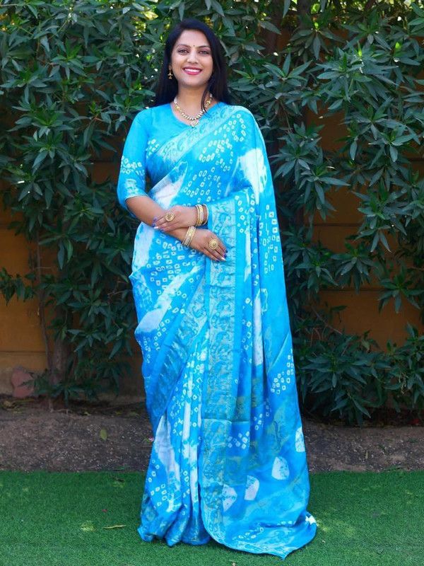 Bandhani Art Silk Saree  (Light Blue)