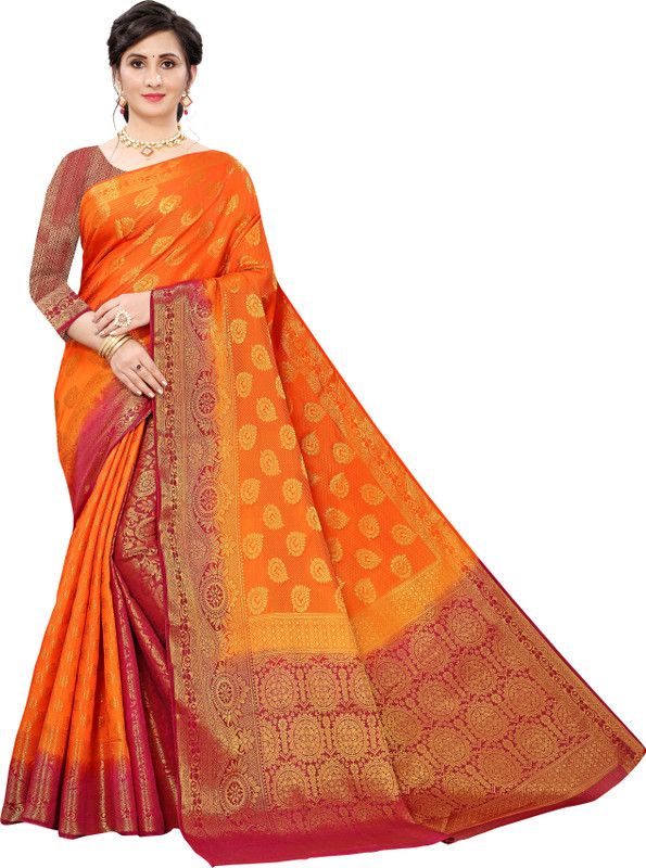 Woven Kanjivaram Nylon, Silk Blend Saree  (Orange)