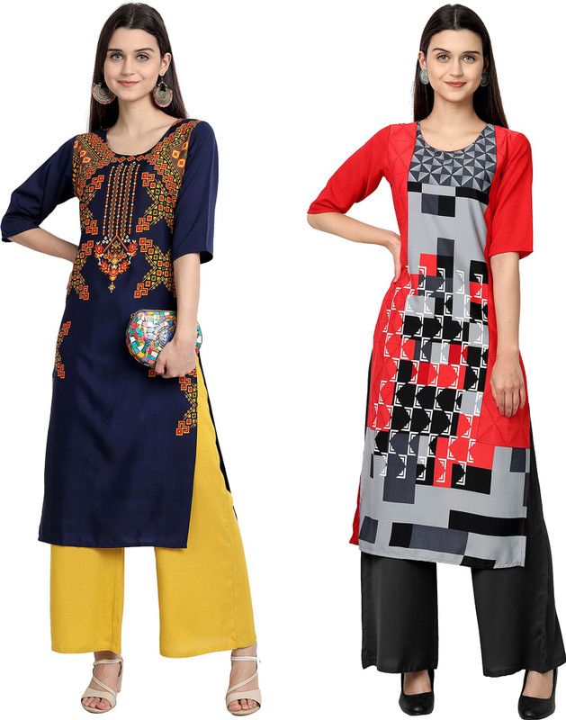 Pack of 2 Women Checkered Crepe A-line Kurta  (Multicolor)