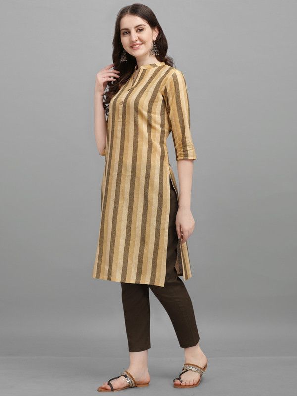 Women Striped Cotton Blend Straight Kurta  (Brown, Yellow)