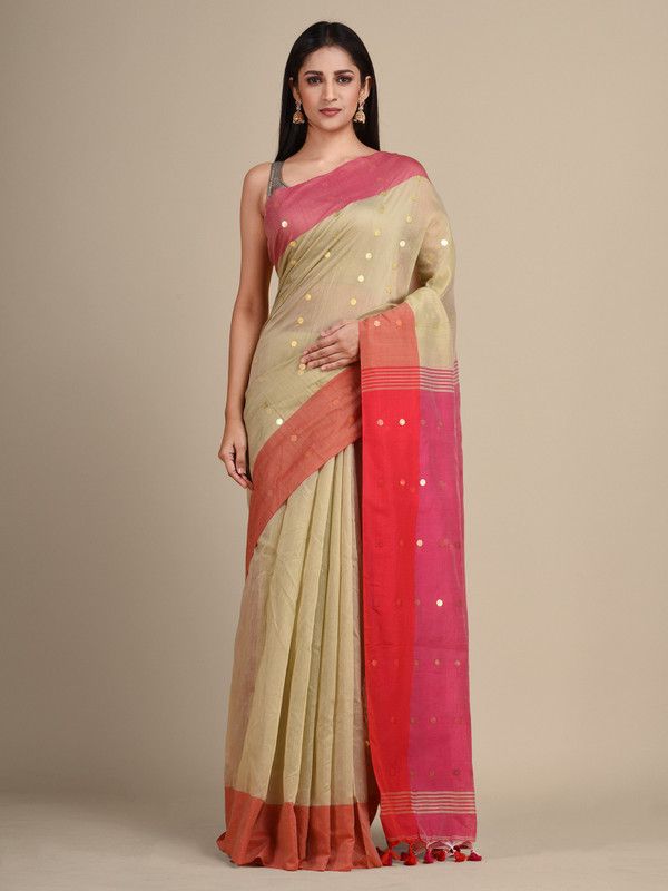 Embellished Handloom Cotton Blend Saree  (Beige)