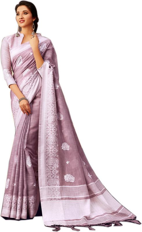 Paisley Lucknow Chikankari Cotton Linen Saree  (Pink)