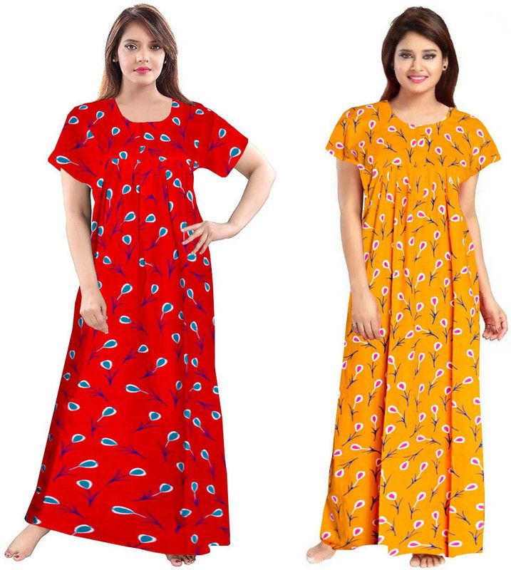 Pack of 2 Women Nighty Set  (Red, Yellow)
