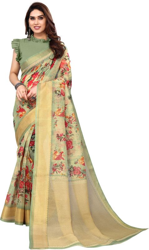 Self Design Banarasi Cotton Blend Saree  (Light Green)