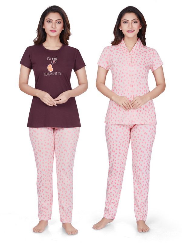 Women Shirt & Pyjama set Brown, Pink Printed
