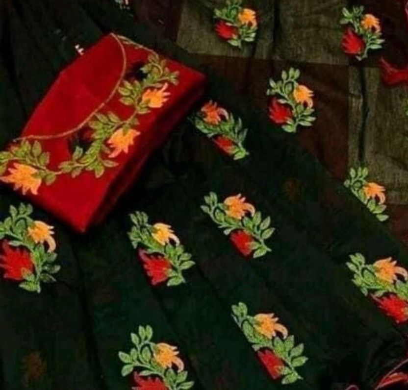 Floral Print Bollywood Chanderi Saree  (Black)