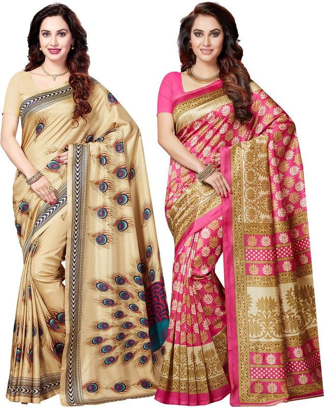 Printed Mysore Silk Blend Saree  (Pack of 2, Pink, Beige)