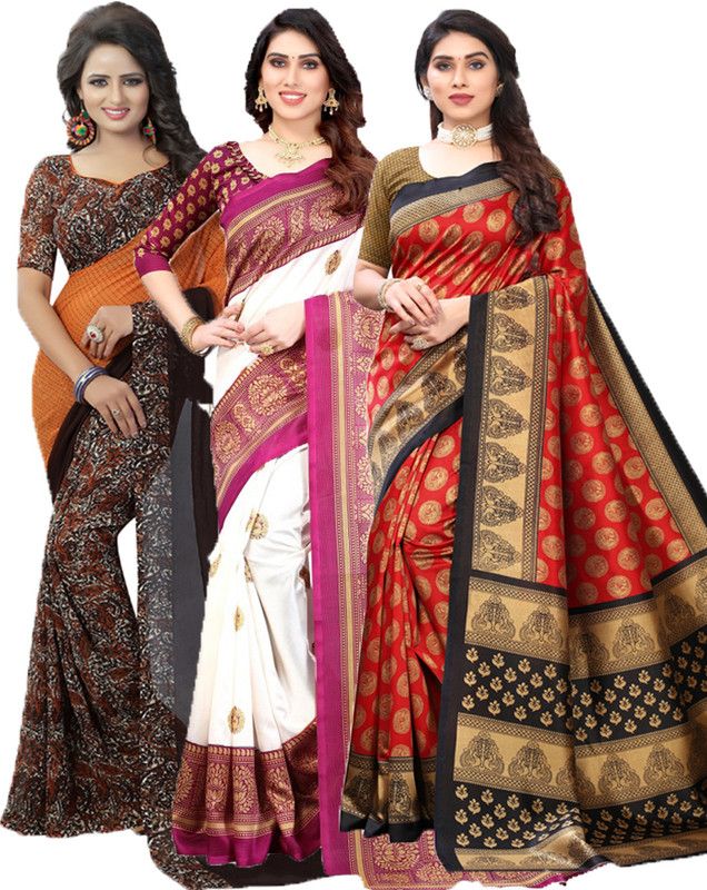 Printed Bollywood Georgette Saree  (Pack of 3, Orange, Purple, Red)
