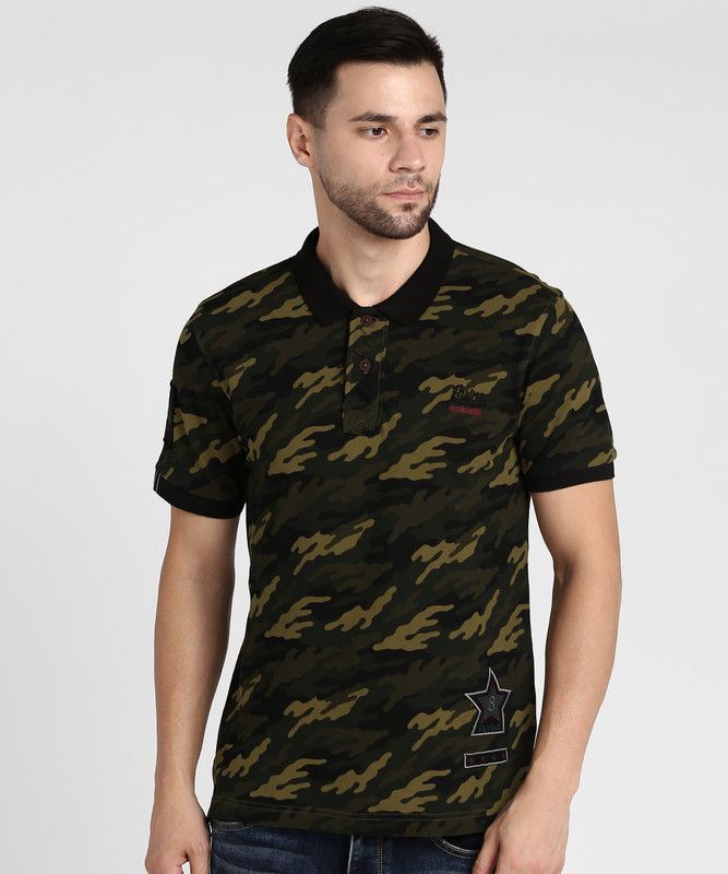 Men Military Camouflage Polo Neck Pure Cotton Green T-Shirt