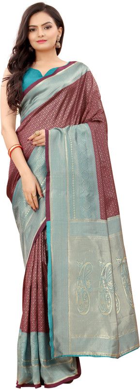 Self Design Kanjivaram Art Silk Saree  (Brown, Blue)
