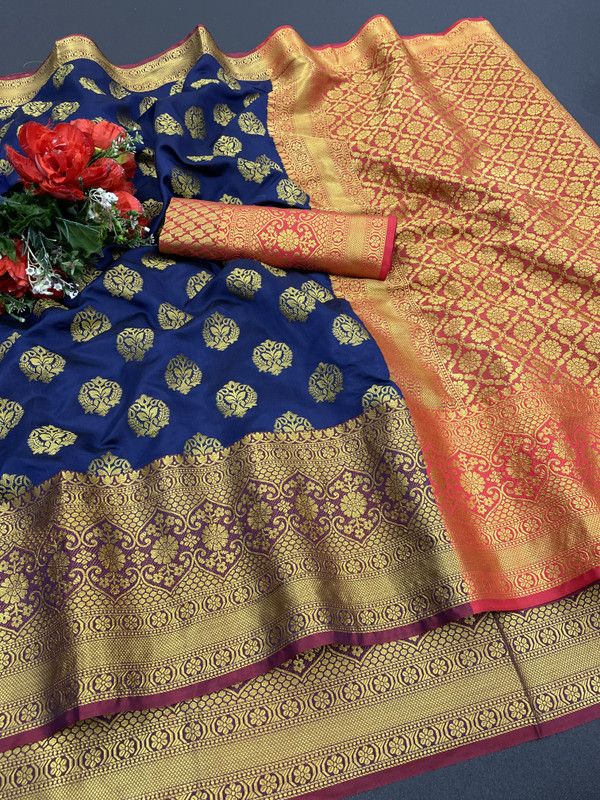 Kanjivaram Cotton Silk, Pure Silk Saree  (Dark Blue, Red)