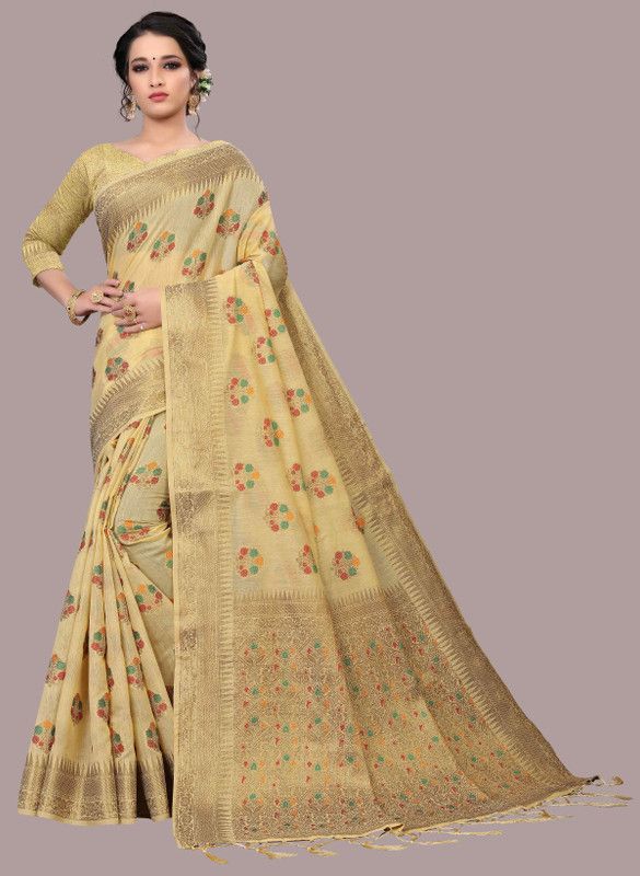 Woven Kanjivaram Cotton Silk, Jacquard Saree  (Cream)