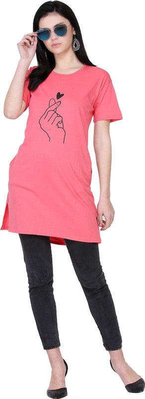 Women Printed Round Neck Viscose Rayon Pink T-Shirt