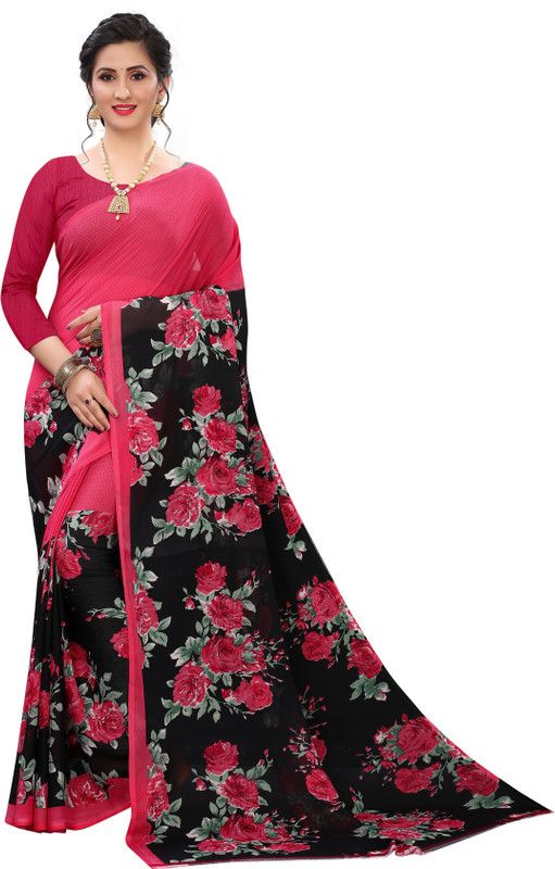 Printed Mysore Georgette Saree  (Pink)