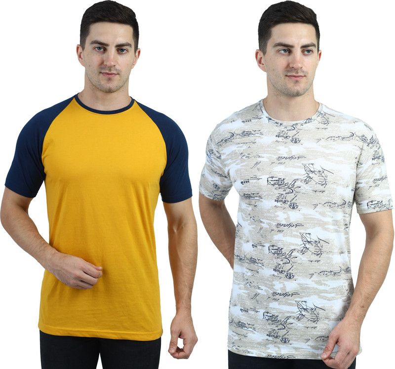 Pack of 2 Men Solid Round Neck Cotton Blend Dark Blue, White, Beige, Yellow T-Shirt