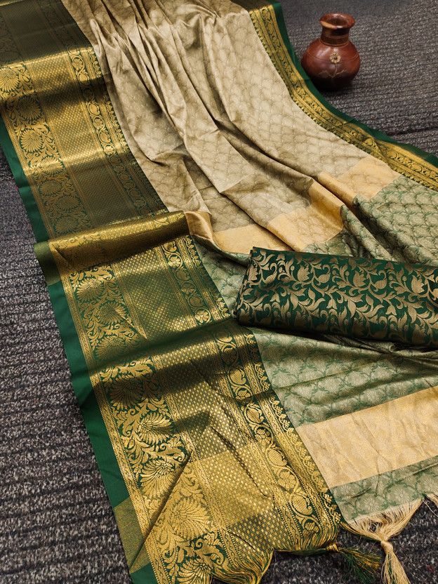 Woven Banarasi Cotton Silk, Art Silk Saree  (Cream, Green)