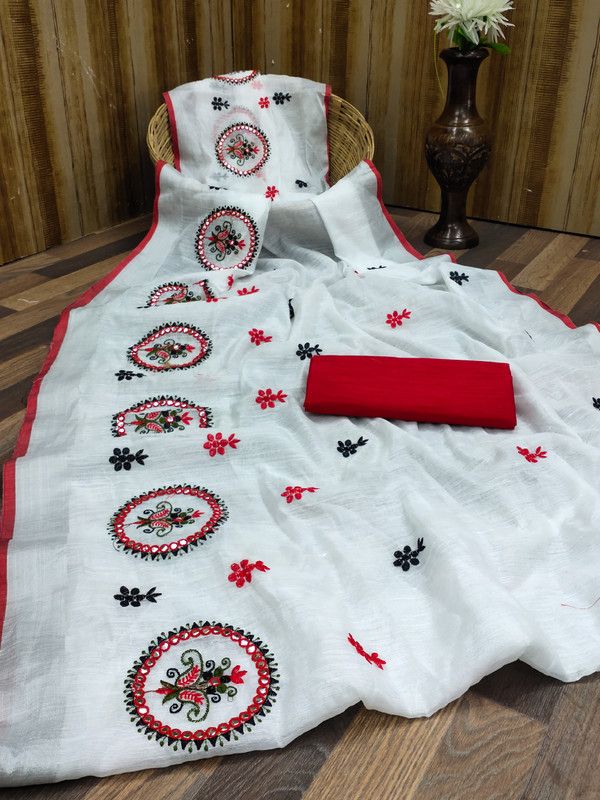 Embroidered Banarasi Linen Saree  (Red)