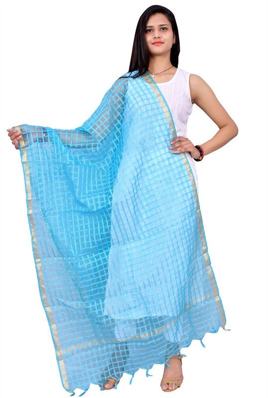 Net Checkered Blue Women Dupatta