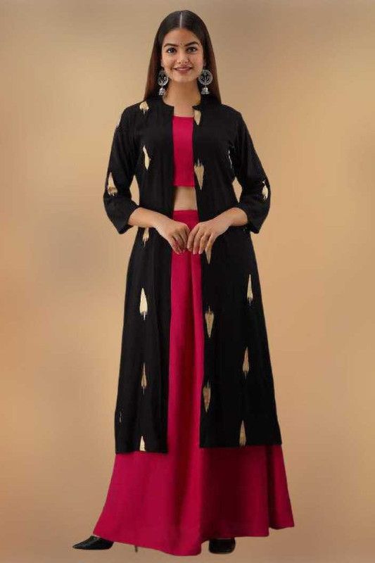 Women Viscose Rayon Ethnic Jacket, Top and Skirt Set