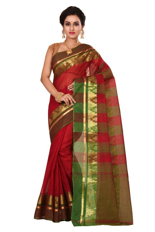 Self Design, Solid/Plain Daily Wear Pure Cotton Saree  (Red, Green)