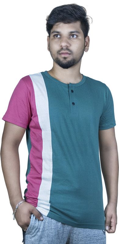 Men Colorblock Henley Neck Pure Cotton Multicolor T-Shirt