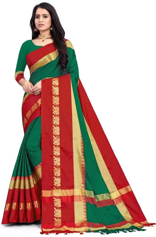 Banarasi Cotton Silk, Jacquard Saree  (Green, Red)