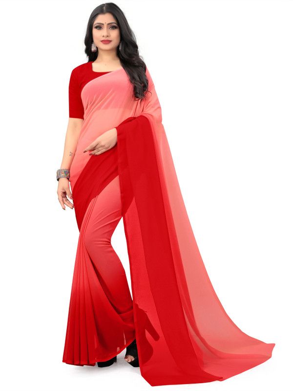 Ombre Bollywood Georgette Saree  (Red, Pink)